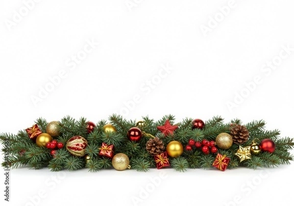 Obraz A vibrant Christmas garland with red and gold ornaments on a white backdrop.