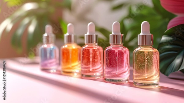 Fototapeta Colorful serum bottles on pink surface, sunlight through plants