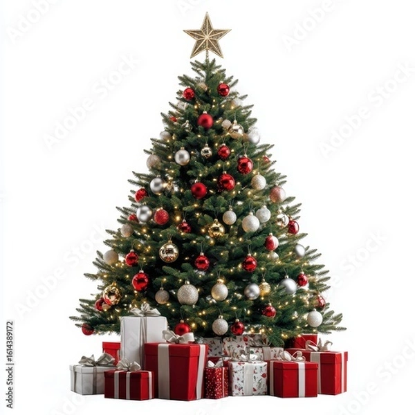 Obraz Decorated christmas tree with gifts isolated on white background