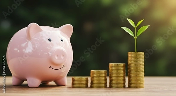 Fototapeta A pink piggy bank watches over stacks of golden coins that steadily increase, upon which a vibrant plant sprouts, symbolizing financial growth and prosperity.