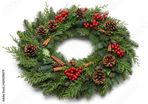Fototapeta A beautiful Christmas wreath with festive decorations isolated on white background.