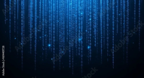 Fototapeta Abstract digital binary code cascading downwards in a dark blue background.