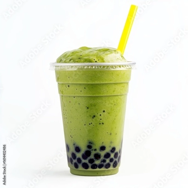 Obraz Green matcha bubble tea drink isolated on white background