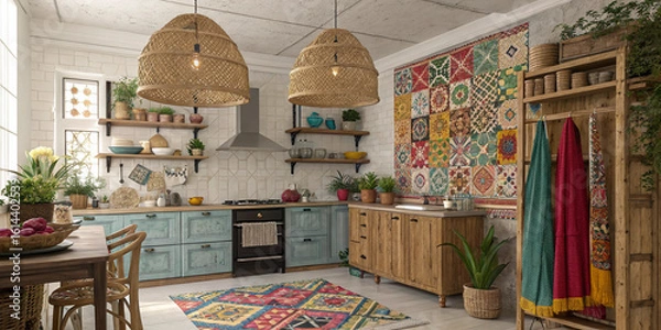 Obraz 1950s diner-style kitchen with red booth seating and checkered floors.