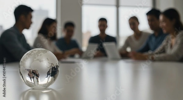 Obraz Focus on glass globe; blurry office meeting with diverse professionals; white table and backdrop