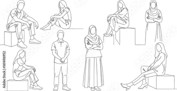 Obraz CAD Drawings. Set people outlines isolated on white background. Sitting, walking, dancing, etc.