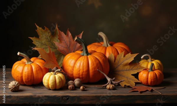 Fototapeta Autumn Harvest Display: Pumpkins and Fallen Leaves