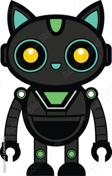 Fototapeta Cute black robot cat character with green accents isolated on white background