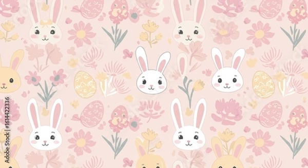 Obraz Easter pastel bunnies, eggs, and floral elements arranged in a repeating, delicate pattern over pale pink