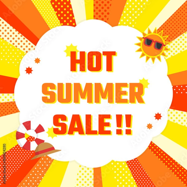 Obraz 夏セール広告テンプレート／ランダムな集中線と夏アイテムのフレーム（オレンジ系）（正方形）
