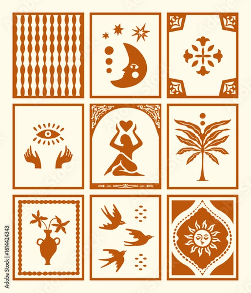 Fototapeta Boho matisse style mystical vector illustration set in terracotta color