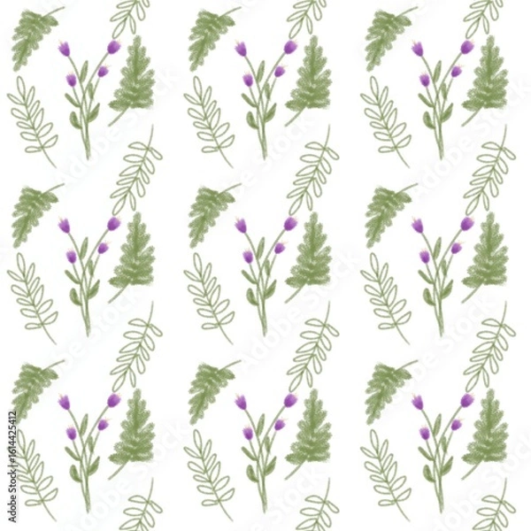 Fototapeta Hand-Drawn Seamless Botanical Pattern with Green Leaves and Purple Flowers. This soft and organic botanical design is perfect for textile prints, packaging, wallpapers, and digital backgrounds