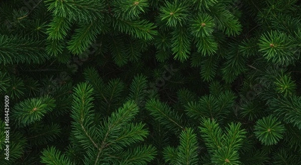 Obraz Dense, emerald coniferous needles fill the frame in an overhead, textured shot