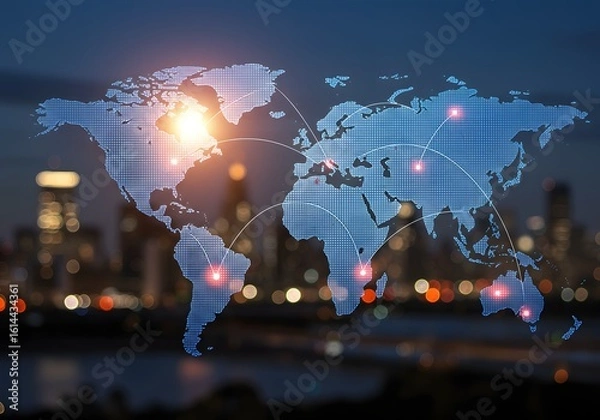 Fototapeta An illustrative depiction of a world map overlaid against a cityscape