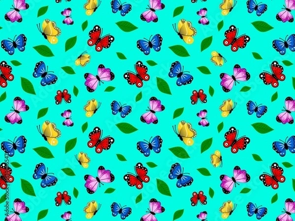 Fototapeta Colorful Butterflies and Leaves Pattern. Seamless Butterfly Garden Background. Cute Cartoon Butterfly Illustration
