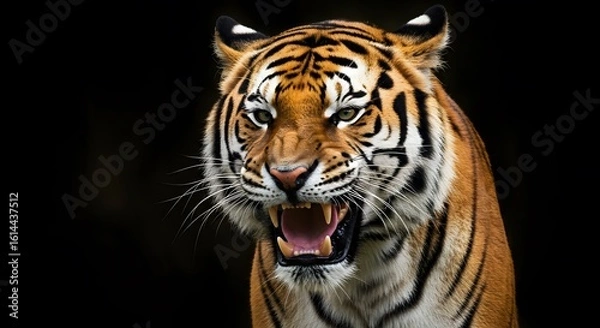 Fototapeta Majestic tiger bares its teeth in a powerful roar, displaying sharp fangs and intense gaze against a dark, dramatic backdrop evoking primal strength and wild beauty.