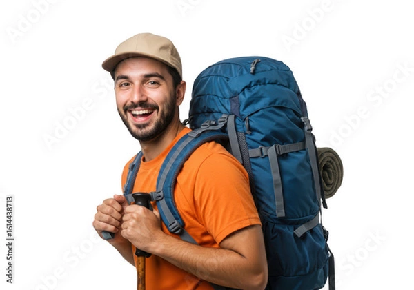 Obraz Happy man with backpack isolated on transparent background