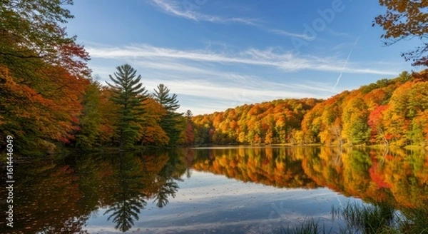 Fototapeta Autumn lake reflecting colorful trees