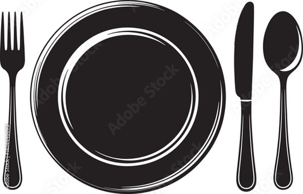 Fototapeta Classic black silhouette of a plate with fork knife and spoon