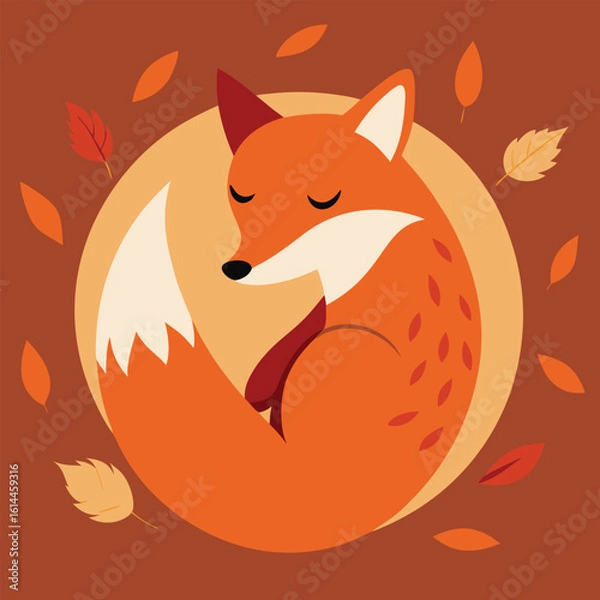 Fototapeta Cute sleeping fox curled up with autumn leaves