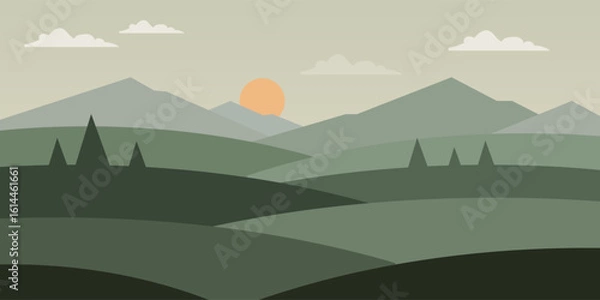 Fototapeta Flat Nature Landscape with Mountains, Forest, and Sunrise Scene.