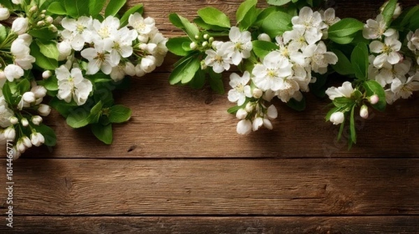 Obraz Delicate spring blossoms adorn a rustic wooden surface.