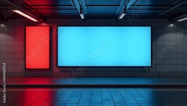 Fototapeta Commercial Display Mockup: Blank Billboard in Modern Train Station with Colorful Ambience Light
