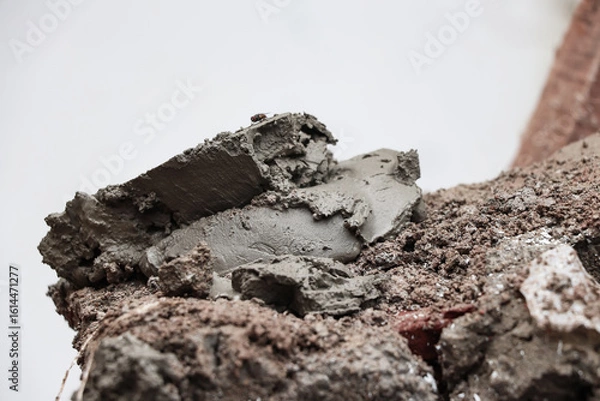 Fototapeta A pile of wet cement mixture on top of the remaining chunks of the building wall, a fly can be seen perching on the wet cement mixture