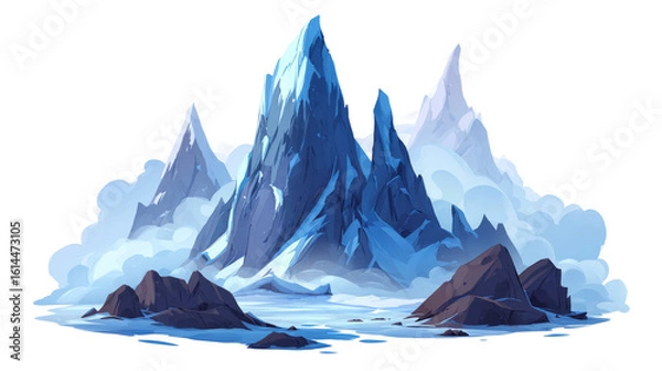 Fototapeta Cartoonish Mountains Are Surrounded By Clouds And Rocks On A Transparent Background.