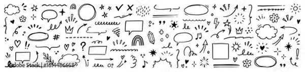 Fototapeta Line brush heart vector set. Hand drawn sketch doodle style arrow, cloud, star with marker stroke pencil highlight. Cute handwritten crown, heart, star line brush art design. Vector illustration