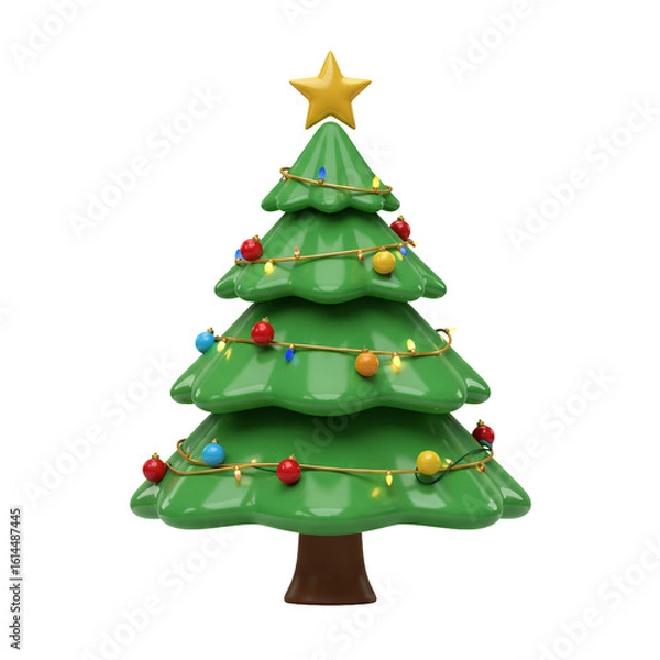 Fototapeta A cheerful, cartoonish Christmas tree adorned with colorful lights and ornaments, standing against a white background.