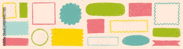 Fototapeta Doodle brush crayon shape frame set. Hand drawn paint box, circle border label, pastel text frame in rough chalk brush texture. Cute color scribble square, round shape background. Vector illustration