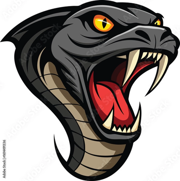 Fototapeta Aggressive cobra head with open mouth fangs and yellow eyes isolated on white background