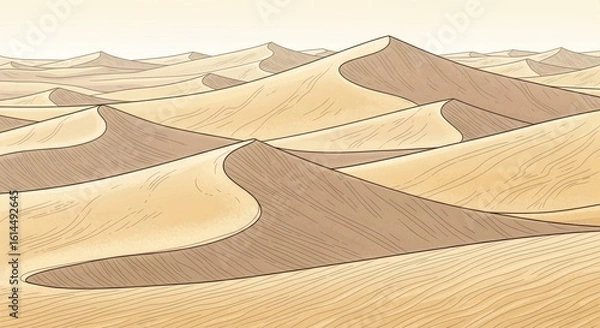 Fototapeta Serene Desert Landscape: Hand-Drawn Illustration of Rolling Sand Dunes Under a Calm Sky