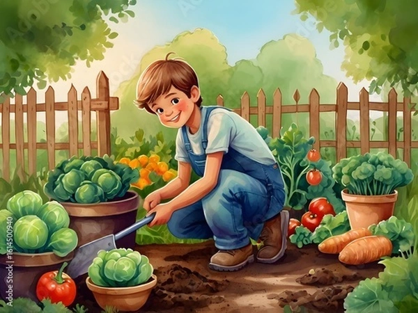 Obraz Cute cartoon boy gardening with a shovel and vegetables in watercolor style. Cartoon character illustration.