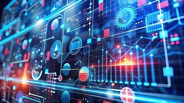 Obraz Abstract futuristic technology background with glowing lines charts and data visualization