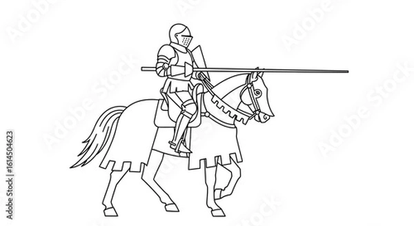 Fototapeta Medieval knight on horseback set. Illustration depicts armored knight holding a lance and riding a horse in traditional medieval style. Vector illustration.