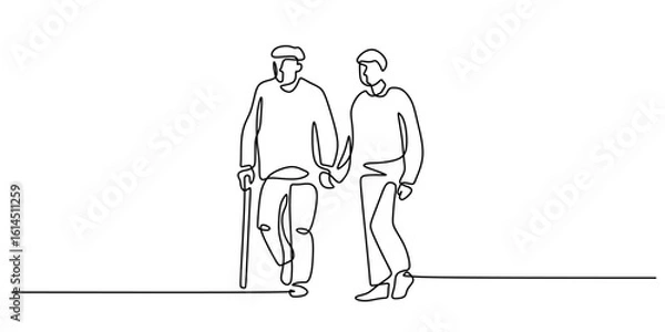 Fototapeta Continuous one line drawing of a young person helping an elderly man with a cane, symbolizing family care.