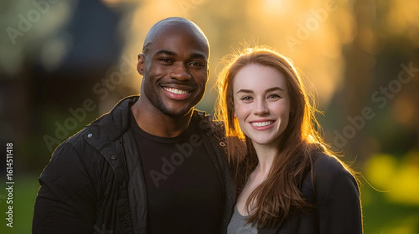 Fototapeta A smiling interracial couple enjoying golden hour in a soft, blurred park setting.