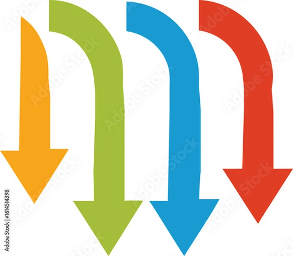 Fototapeta Four colorful downward arrows isolated on white background