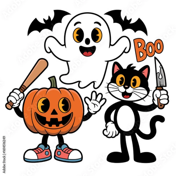 Fototapeta Spooky halloween characters with pumpkin ghost and cat isolated on white background