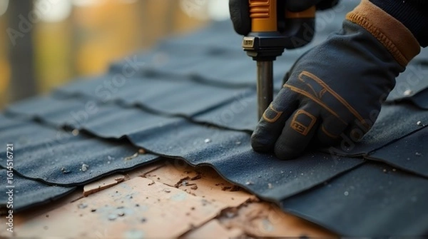 Fototapeta Close-up of Hands Installing Asphalt Shingles with a Nail Gun