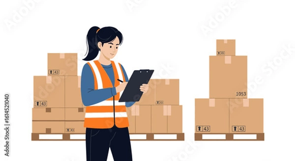 Fototapeta Warehouse worker set. Person inspecting and documenting packages on pallets in a storage facility. Vector illustration.