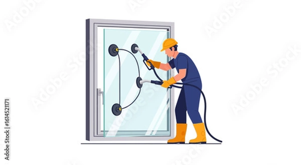 Fototapeta Window installation concept. Worker with suction tools attaching glass panel to a window frame, demonstrating modern glazing techniques. Vector illustration.