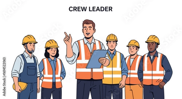 Fototapeta Construction team illustration. Crew leader giving instructions to workers wearing safety gear and high-visibility vests. Vector illustration.