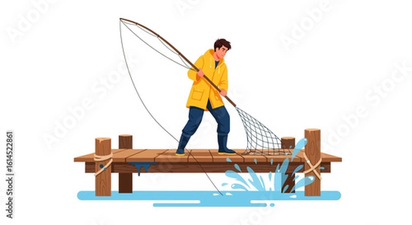 Fototapeta Fishing activity illustration. Man in a yellow raincoat using a fishing net on a wooden pier with water splashing. Vector illustration.