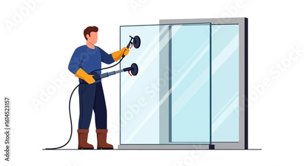 Fototapeta Glass installation illustration. Professional worker handling large glass panel using suction tools. Vector illustration.