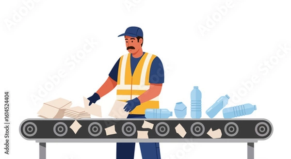 Fototapeta Recycling worker sorting trash on conveyor belt. Worker inspects paper and plastic materials in waste management facility. Vector illustration.