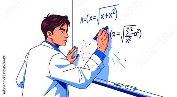 Fototapeta Mathematics concept illustration. Scientist or mathematician writes complex equations on a whiteboard during study or research. Vector illustration.