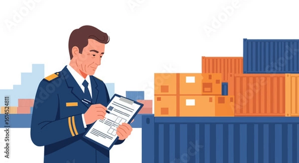 Fototapeta Shipping and logistics illustration. Professional worker inspecting cargo containers and freight documentation. Vector illustration.